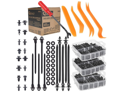 Plastové spojovací kolíky, příchytky, nástroje na demontáž, sada 655ks