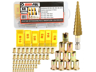 Nýtovací matice, nýtovací trny M3 - M10, se stupňovitým vrtákem, sada 68 ks