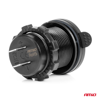 Vodotěsná nabíječka telefonu s vypínačem MODRÉ LED podsvícení USB + 2xUSB C QC3.0 12/24V AMiO-04596