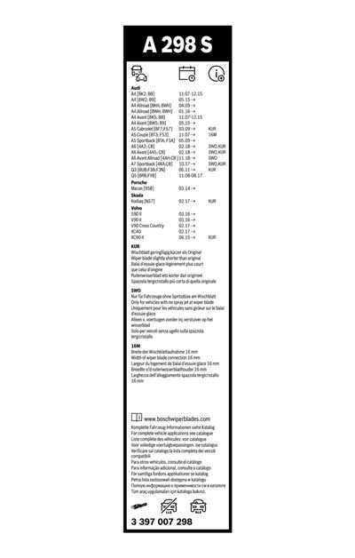 BOSCH 3 397 007 298 Číslo výrobce: A 298 S. EAN: 4047024285385.