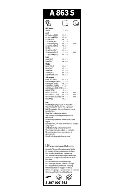 BOSCH 3 397 007 863 Číslo výrobce: A 863 S. EAN: 4047025144681.