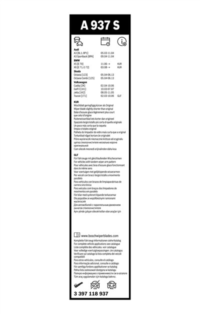 BOSCH 3 397 118 937 Číslo výrobce: A 937 S. EAN: 3165143532331.