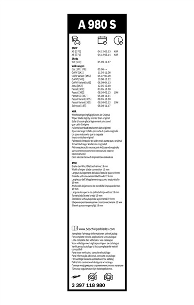 BOSCH 3 397 118 980 Číslo výrobce: A 980 S. EAN: 3165144053064.
