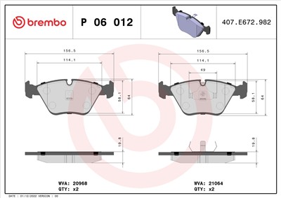 BREMBO P 06 012 Číslo výrobce: 20968. EAN: 8020584050125.