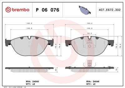 BREMBO P 06 076 Číslo výrobce: 25046. EAN: 8020584102701.