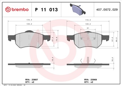 BREMBO P 11 013 Číslo výrobce: 23807. EAN: 8020584050507.