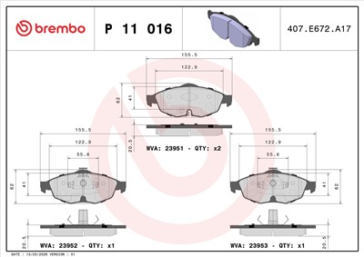 BREMBO P 11 016 Číslo výrobce: 23951. EAN: 8020584050538.
