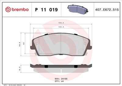 BREMBO P 11 019 Číslo výrobce: 24166. EAN: 8020584060155.