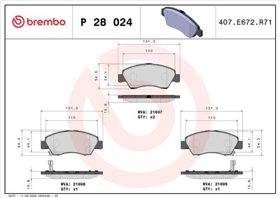 BREMBO P 28 024 Číslo výrobce: 21697. EAN: 8020584052587.