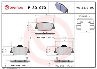 BREMBO P 30 070 Číslo výrobce: 25758. EAN: 8020584110874.