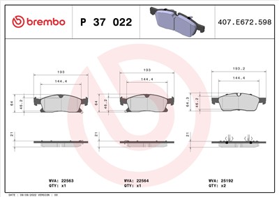 BREMBO P 37 022 Číslo výrobce: 22564. EAN: 8020584084069.