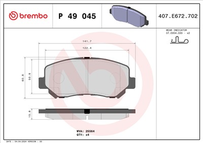 BREMBO P 49 045 Číslo výrobce: 25564. EAN: 8020584103227.
