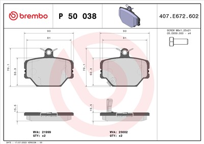 BREMBO P 50 038 Číslo výrobce: 21999. EAN: 8020584054109.