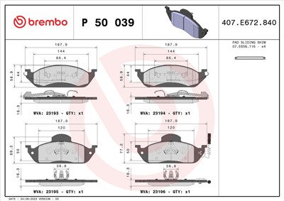 BREMBO P 50 039 Číslo výrobce: 23196. EAN: 8020584054116.