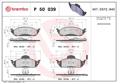 BREMBO P 50 039 Číslo výrobce: 23193. EAN: 8020584054116.