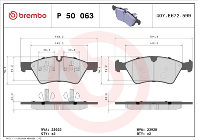 BREMBO P 50 063 Číslo výrobce: 23925. EAN: 8020584059593.
