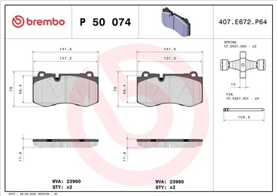 BREMBO P 50 074 Číslo výrobce: 23960. EAN: 8020584061138.