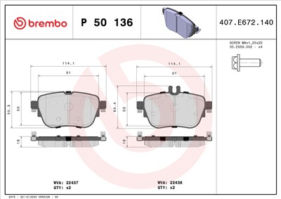 BREMBO P 50 136 Číslo výrobce: 22438. EAN: 8020584086988.