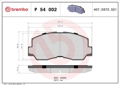 BREMBO P 54 002 Číslo výrobce: 20699. EAN: 8020584054499.