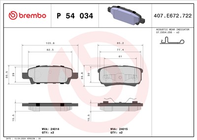 BREMBO P 54 034 Číslo výrobce: 24015. EAN: 8020584061275.