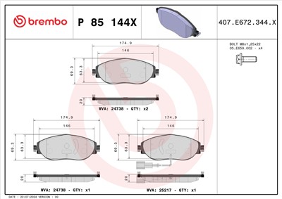 BREMBO P 85 144X Číslo výrobce: 24738. EAN: 8020584069455.