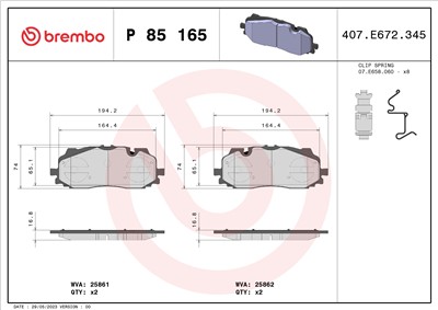 BREMBO P 85 165 Číslo výrobce: 25862. EAN: 8020584087015.