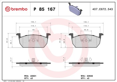 BREMBO P 85 167 Číslo výrobce: 22631. EAN: 8020584087527.
