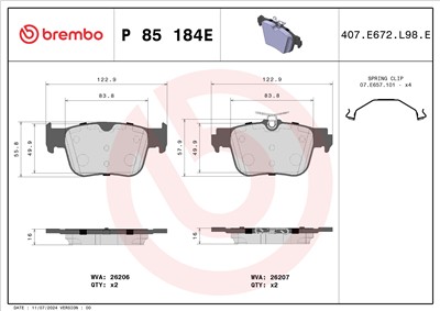 BREMBO P 85 184E Číslo výrobce: 26206. EAN: 8020584130094.