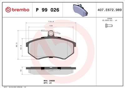 BREMBO P 99 026 Číslo výrobce: 20669. EAN: 8020584083970.