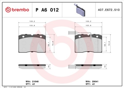 BREMBO P A6 012 Číslo výrobce: 29041. EAN: 8020584059227.