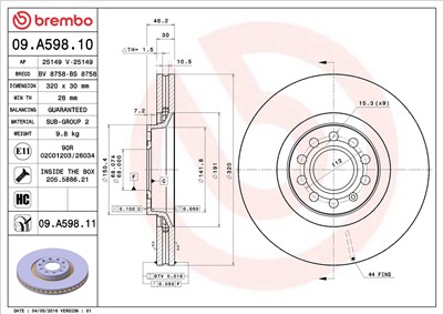 BREMBO 09.A598.11 EAN: 8020584018934.