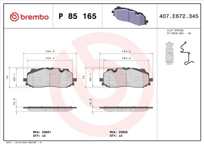 BREMBO P 85 165 Číslo výrobce: 25861. EAN: 8020584087015.